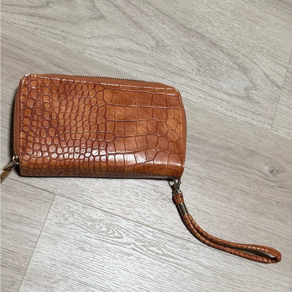 Brown Croc-Embossed Zip Wristlet Wallet